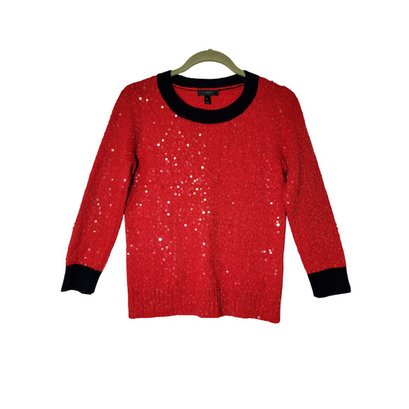 J. Crew Women's Crewneck Scattered Sequin Wool Mohair Sweater Red Navy Blue Sz S - Picture 2 of 6